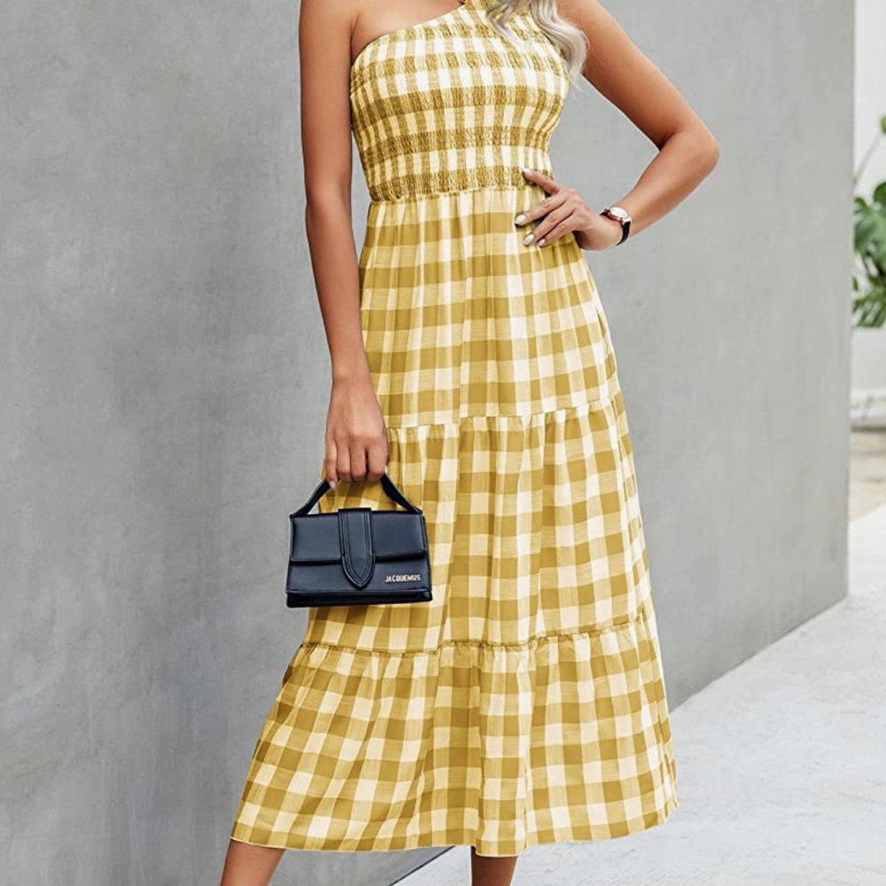One Shoulder Yellow Plaid Summer Dress